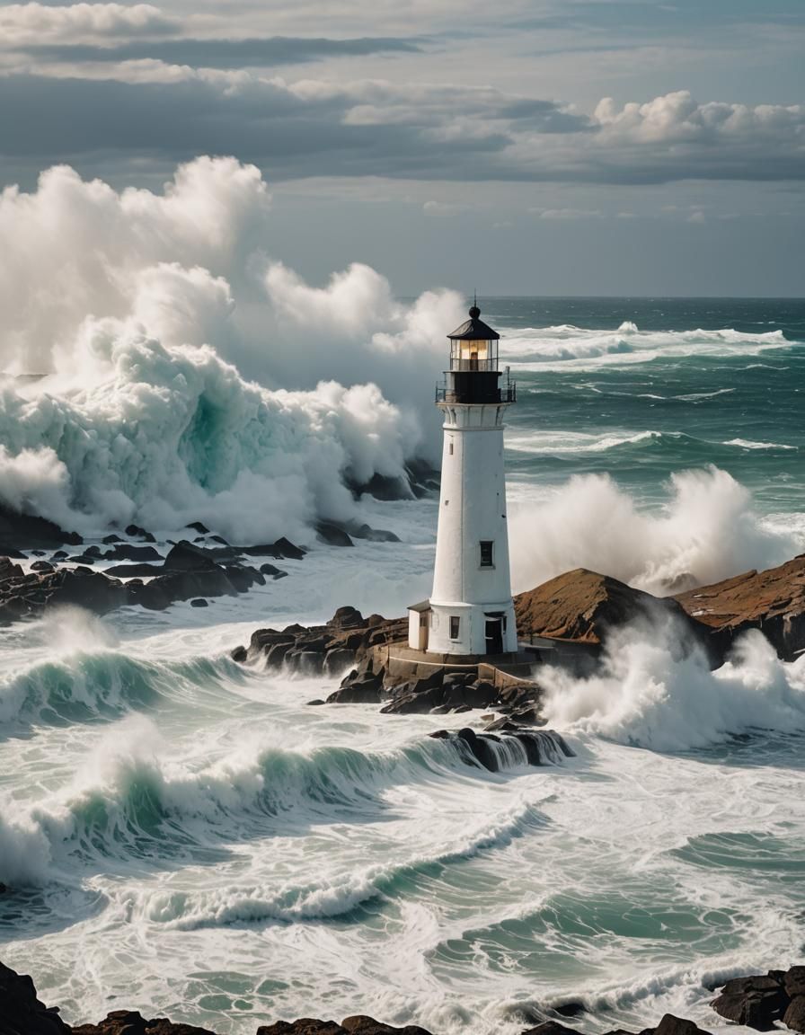 Coastal Lighthouse Scene with Beach and Sea Foam