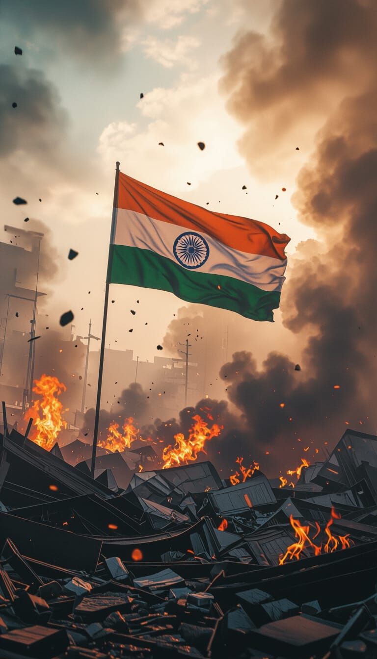 Indian Flag Amidst Burning Debris: Cinematic 3D Render