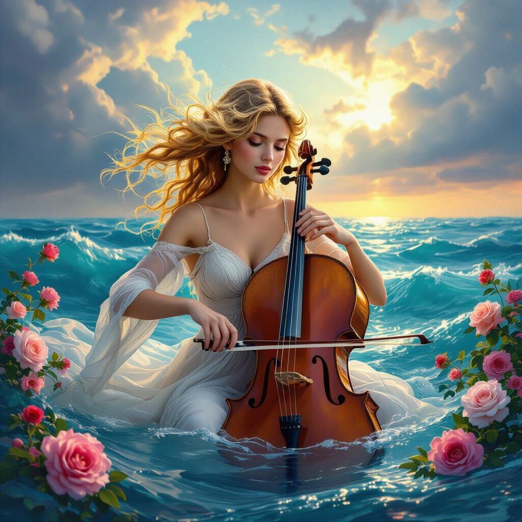 Ethereal Woman Plays Cello on Turbulent Sea