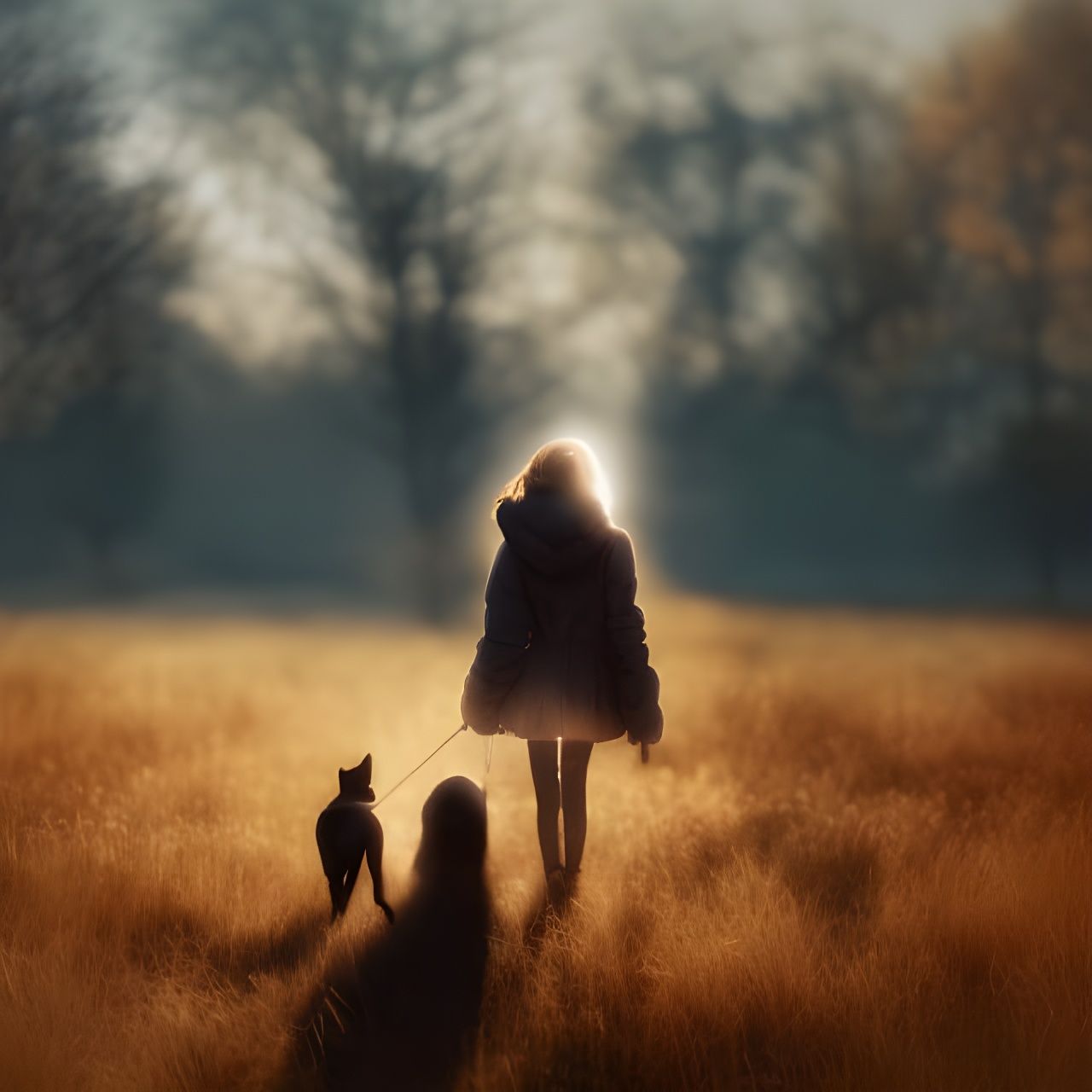 Girl and Dog on Frosty Morning, Surreal Digital Art