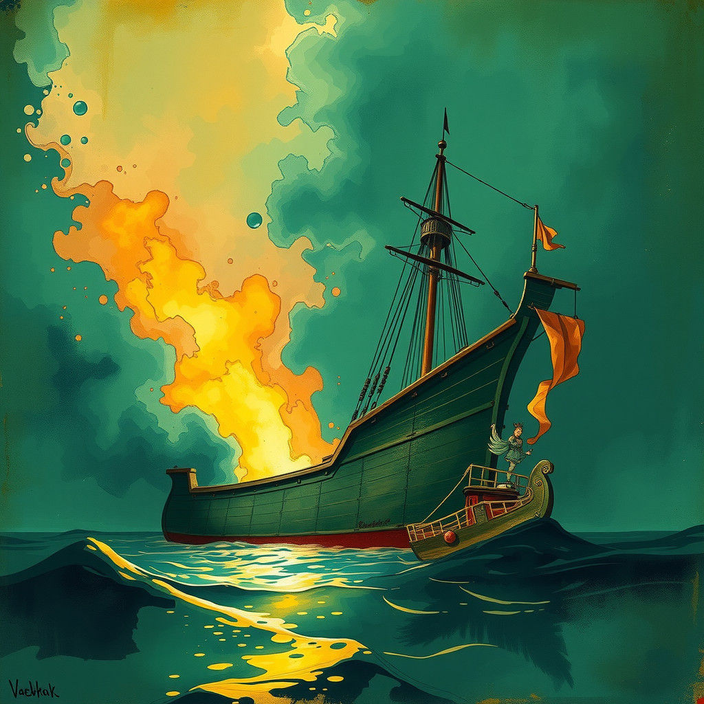 Ancient Aztec Schooner Sinks into a Vast Green Sea