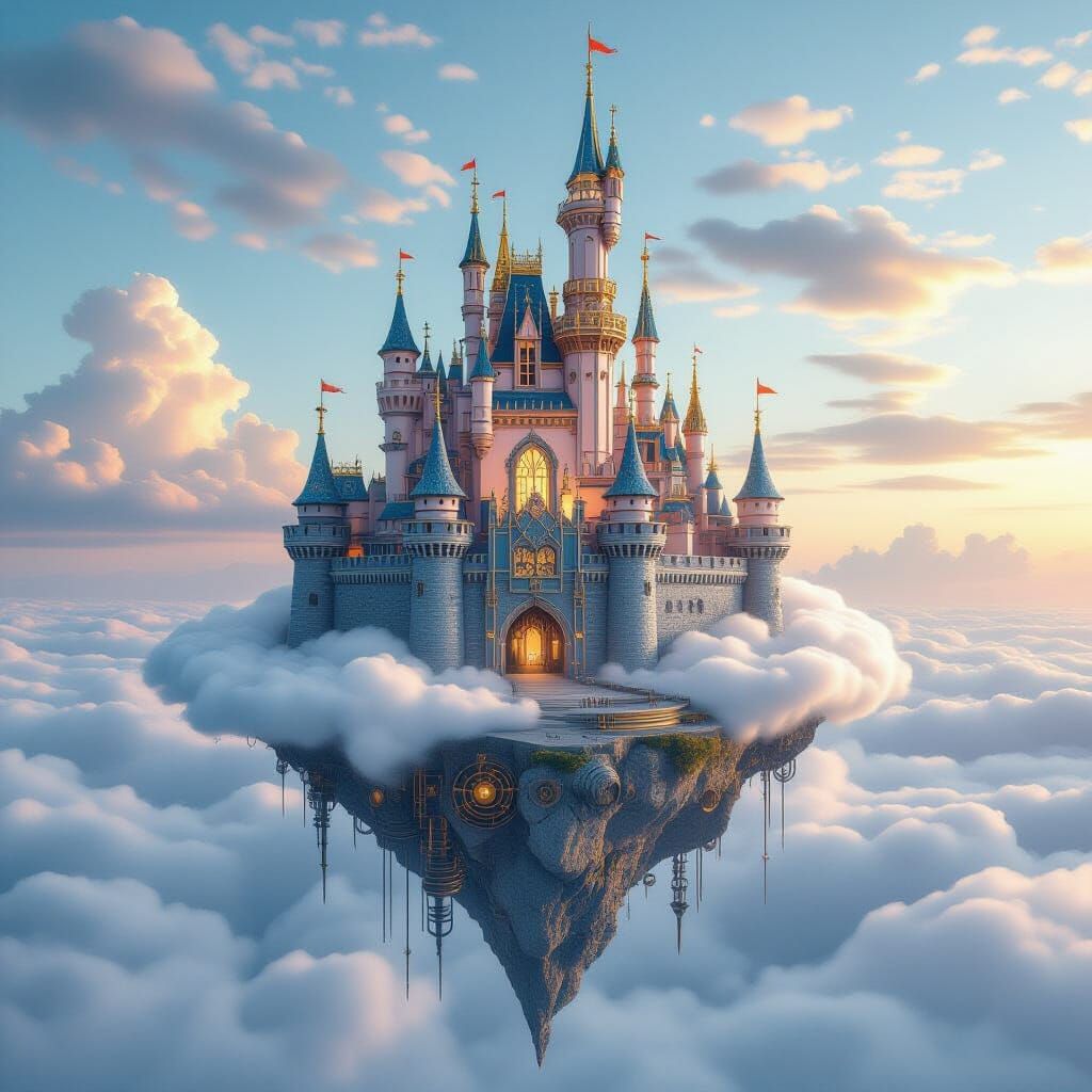 Intricate Metal Castle Floating on Clouds