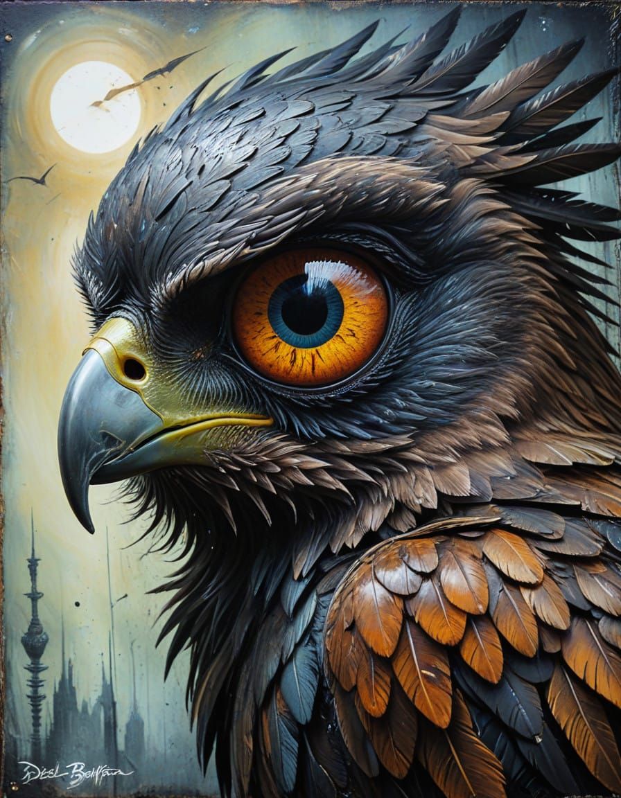 Dieselpunk Masterpiece with Buzzard's Eye in Rich Encaustic....