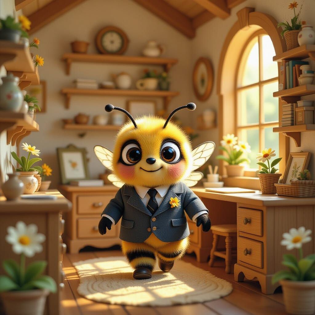 Sleepy Bee in Office: Whimsical Illustration