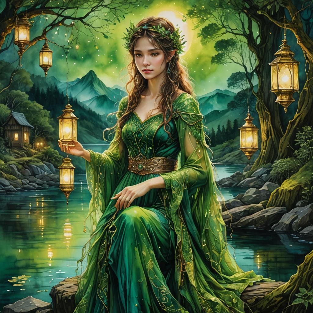 Elf Maiden in Green Gown by Lakeside
