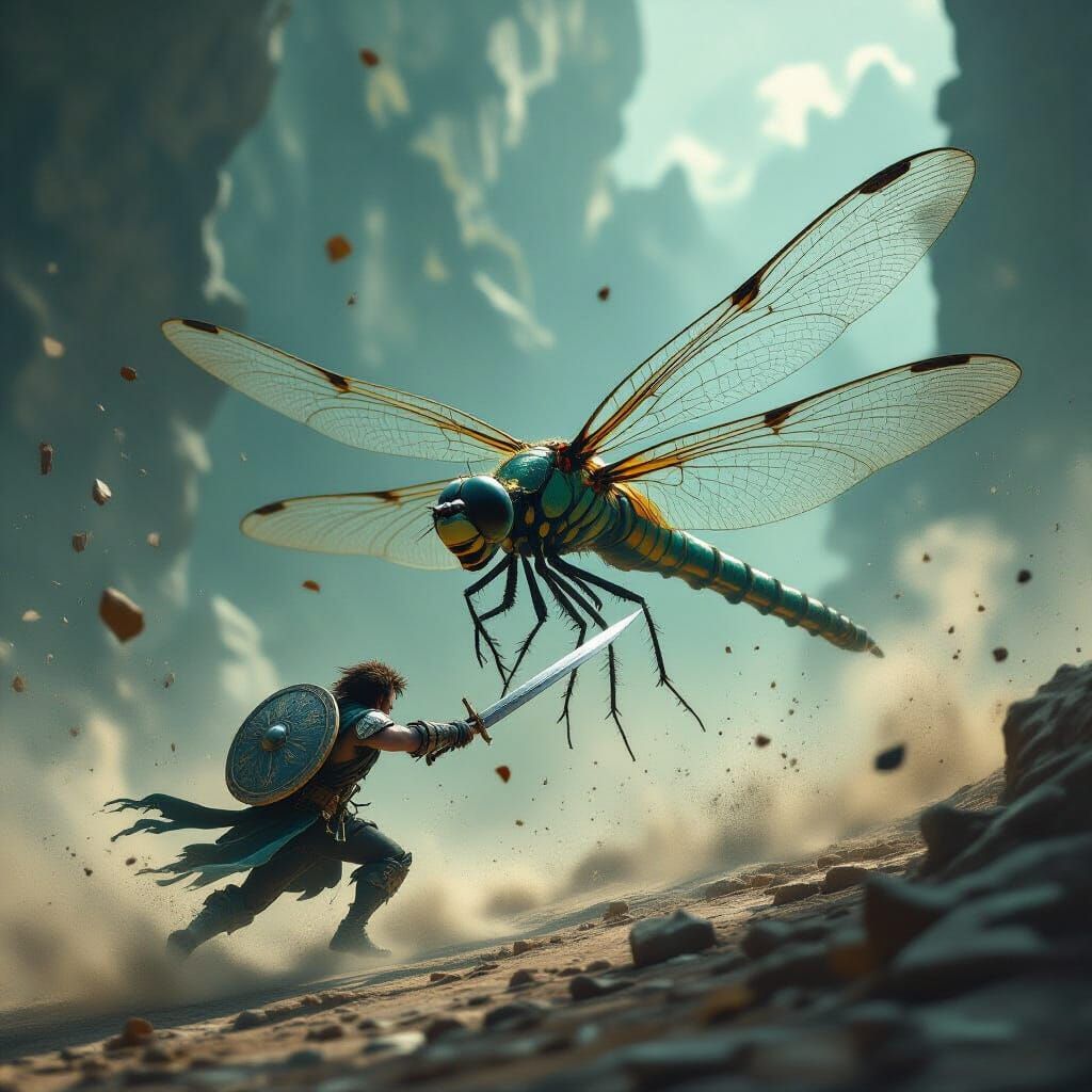 Tiny Warrior Battles Giant Dragonfly in Dark Fantasy Art