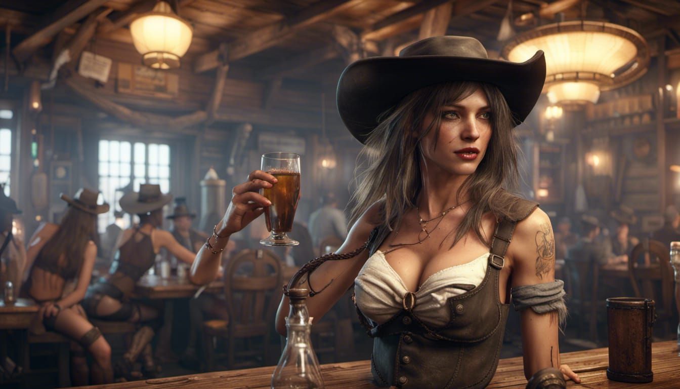 Drunk Cowgirl in Crowded Tavern: Cinematic Sci-Fi Art