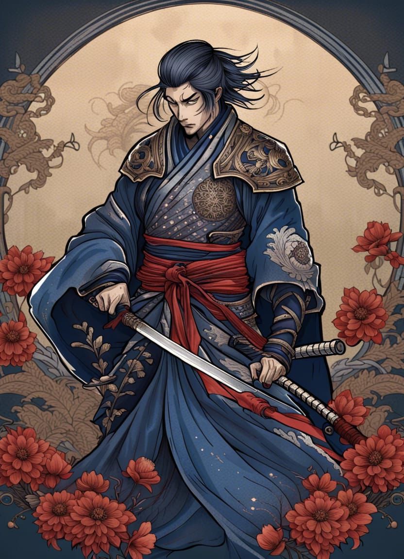 Art Nouveau Flower Samurai in Dark Fantasy Style