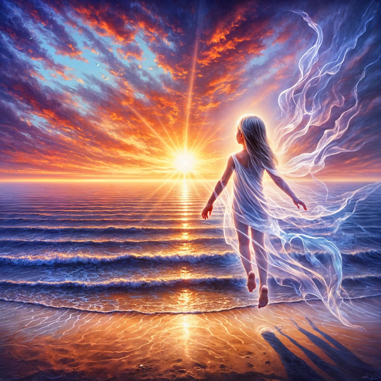 Ethereal Child Spirit Above Sunset Ocean