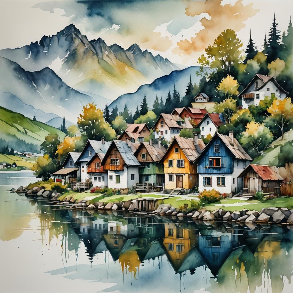Riverside Village in Watercolor and Alcohol Ink