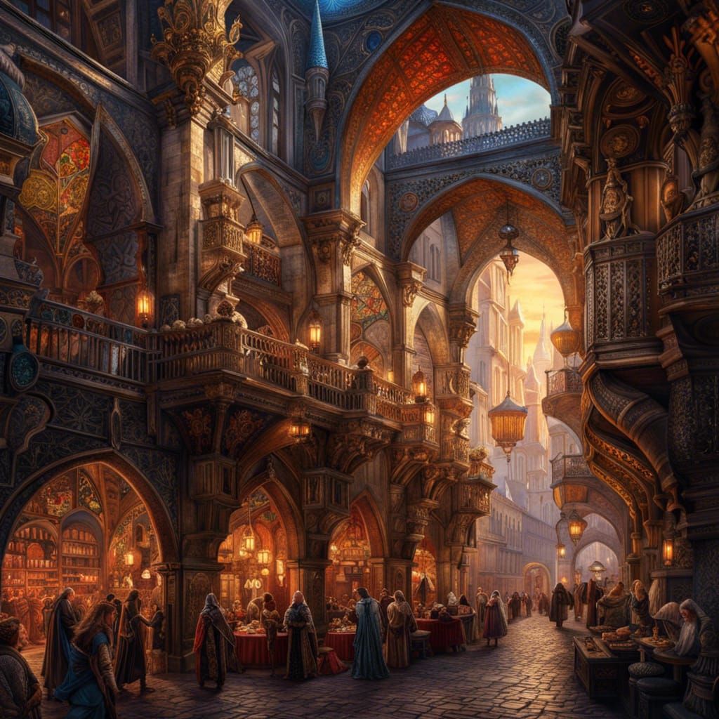 Bustling Medieval Marketplace at Sunset