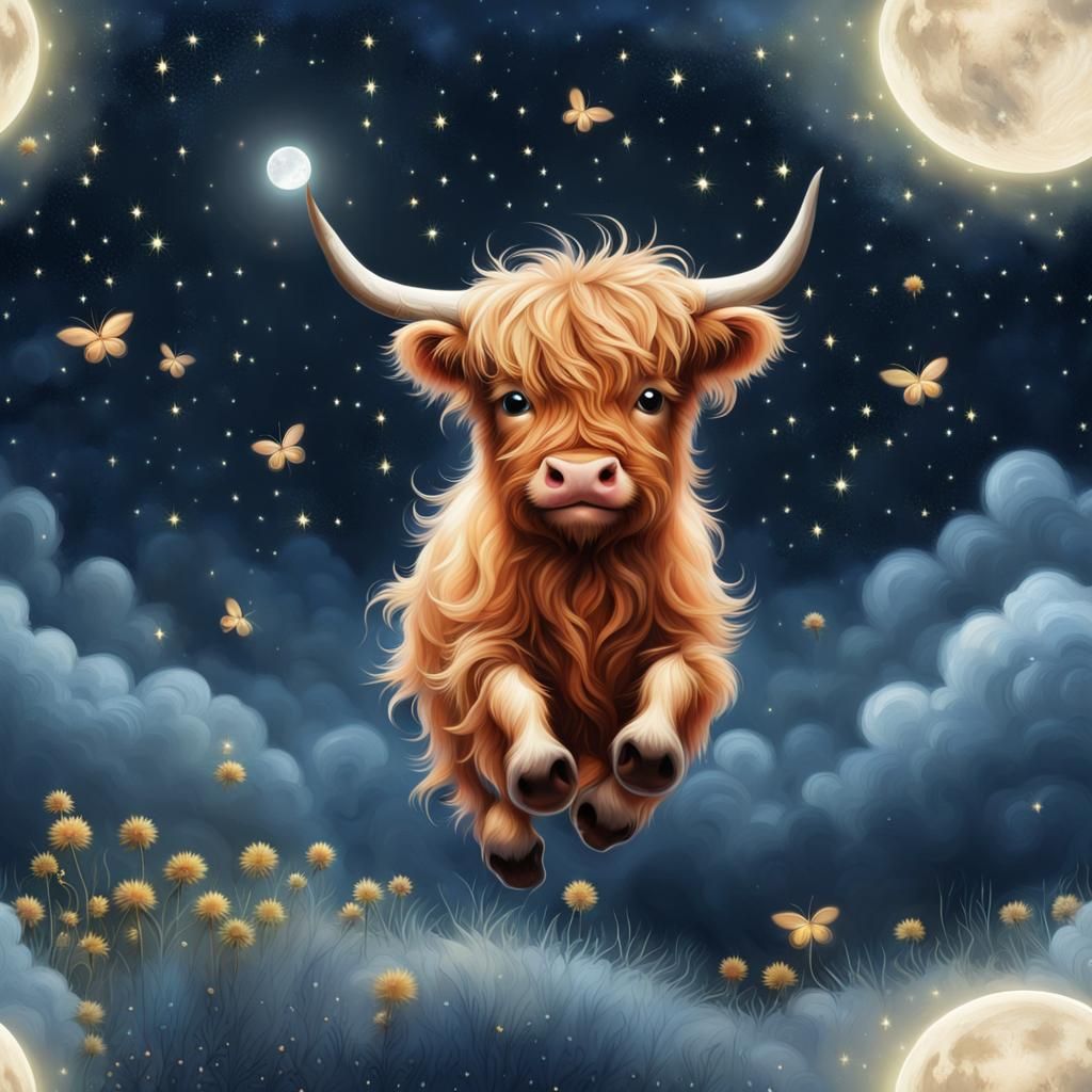 Chibi Highland Cow Jumps Over Moon in Starry Night