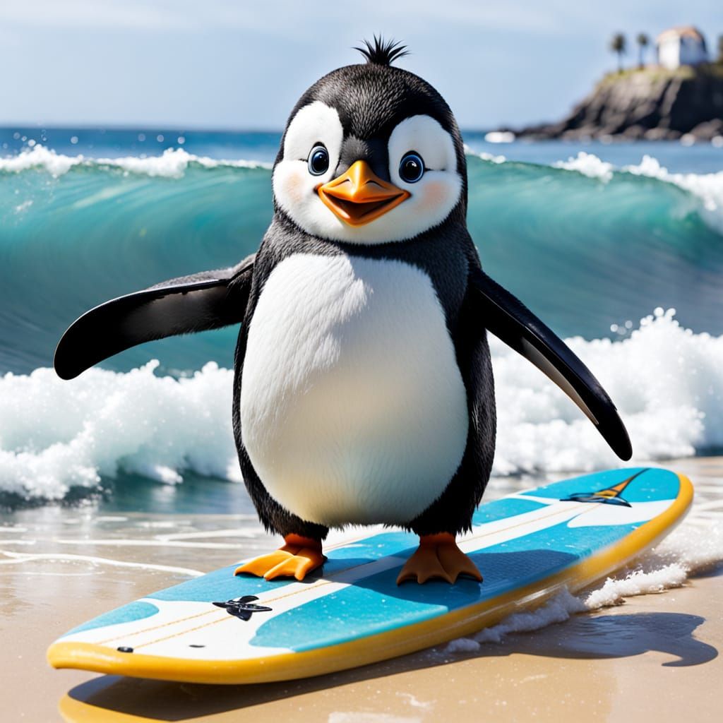 Penguin on Surfboard Smiling in a Tropical Paradise