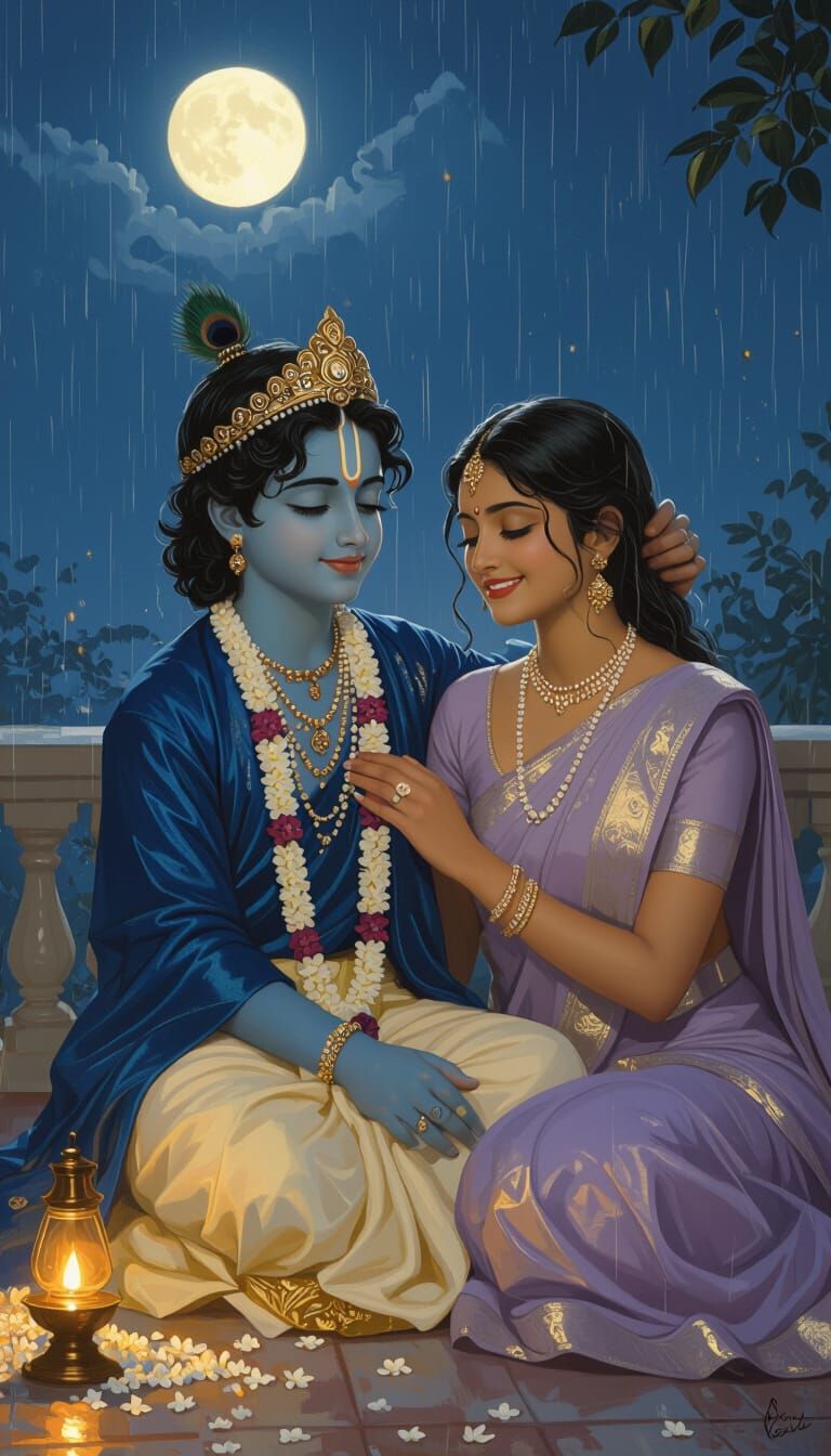 Krishna and Woman in Moonlit Garden: Poetic Realism