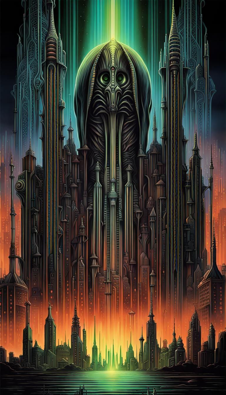 Ornate Gothic Necron Cityscape in Art Deco Style
