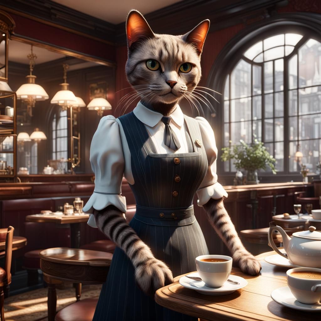 Cat-Human Hybrid Waitresses in 1920s London Tearoom