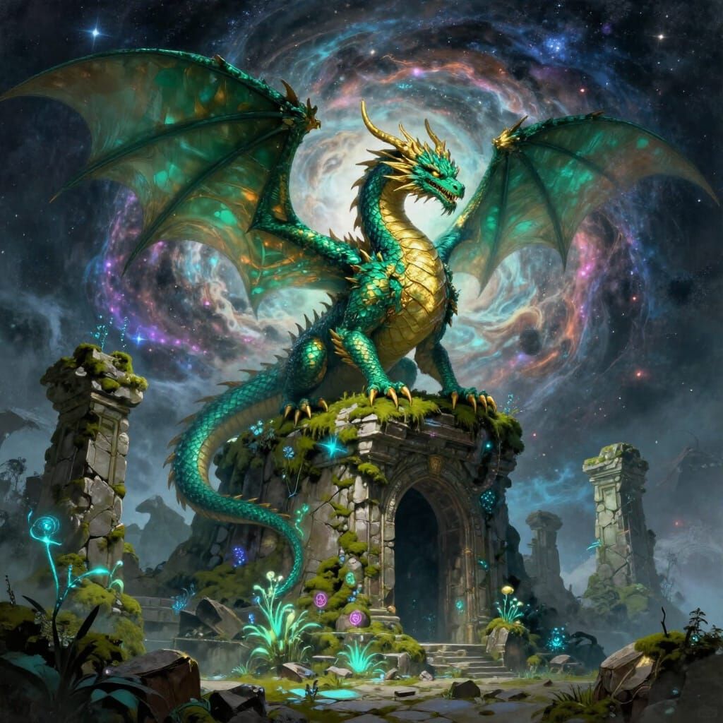 Majestic Dragon on Ancient Ruins Overlooking Nebula