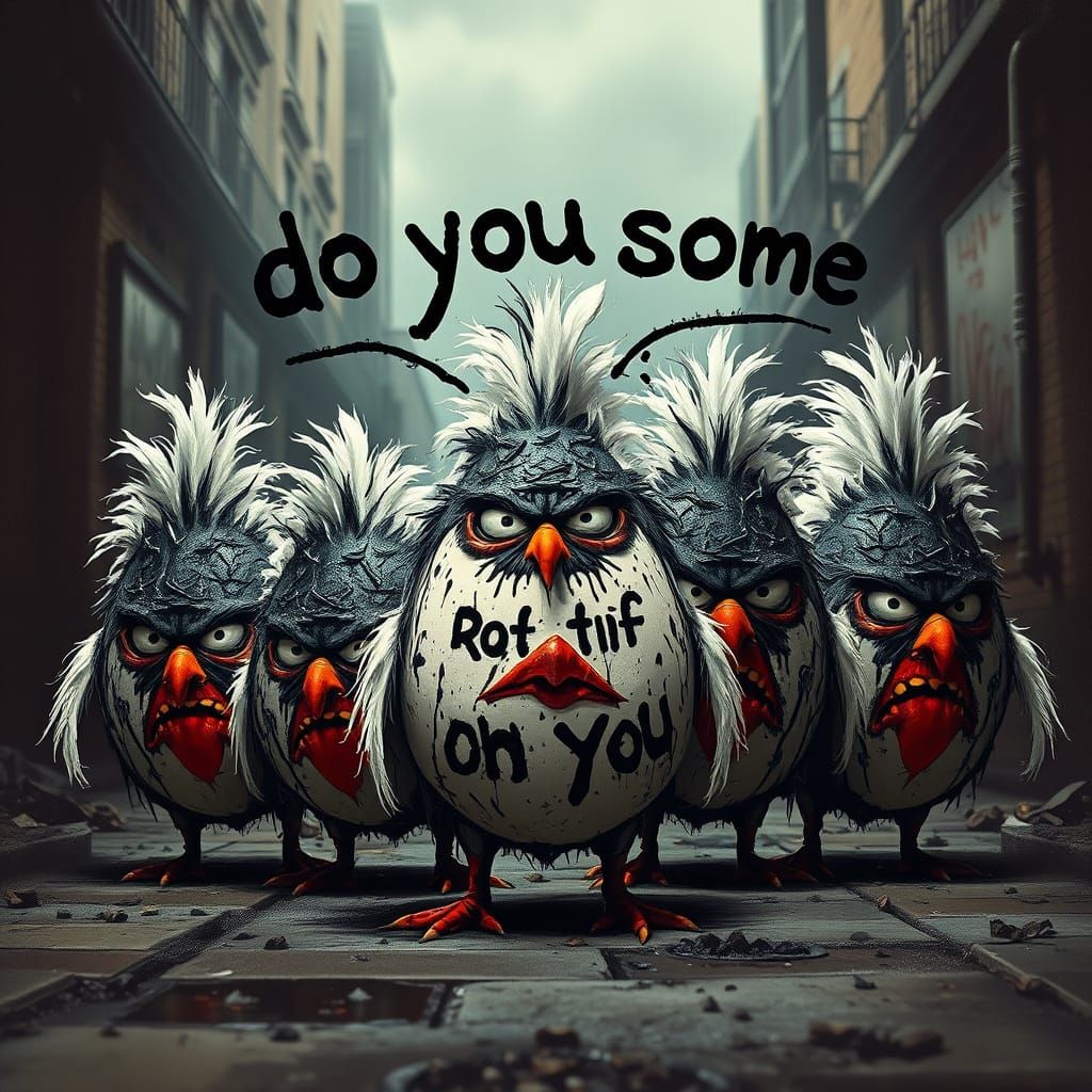 Furious Eggs Tarred and Feathered in Street Art Style