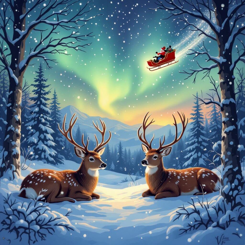 Dreamy Aurora Sky With Deer and Sleigh
