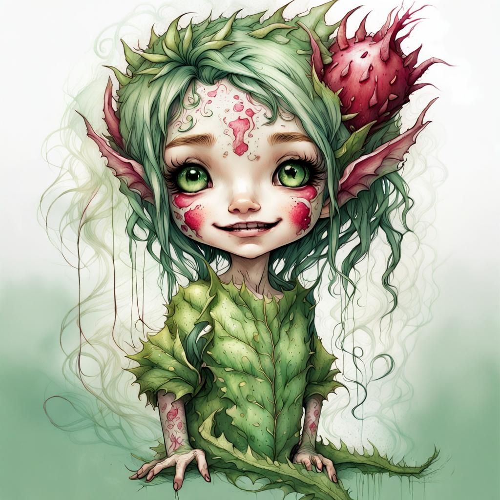 Chibi Dragon Fruit Girl Character in Mixed Media Style