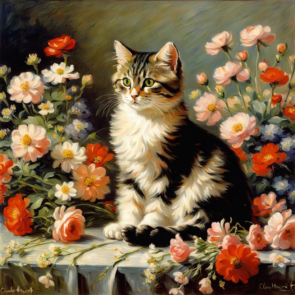 Impressionist Cat with Flowers and Heart Lights