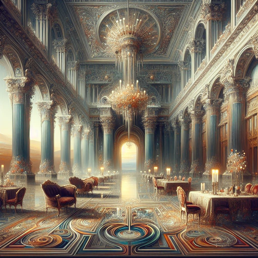 Opulent Loggia: Rococo Meets Bauhaus in Digital Painting