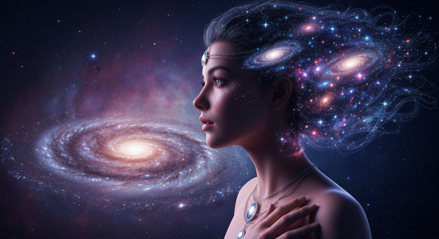 Ethereal Woman Dissolving into Cosmic Galaxies