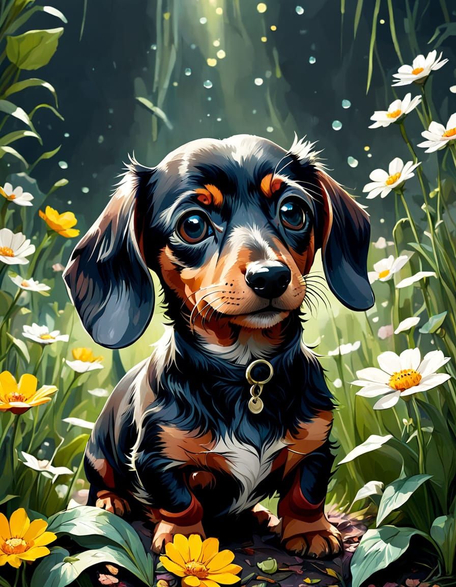 Adorable Dachshund Puppy in Floral Spring, Digital Art