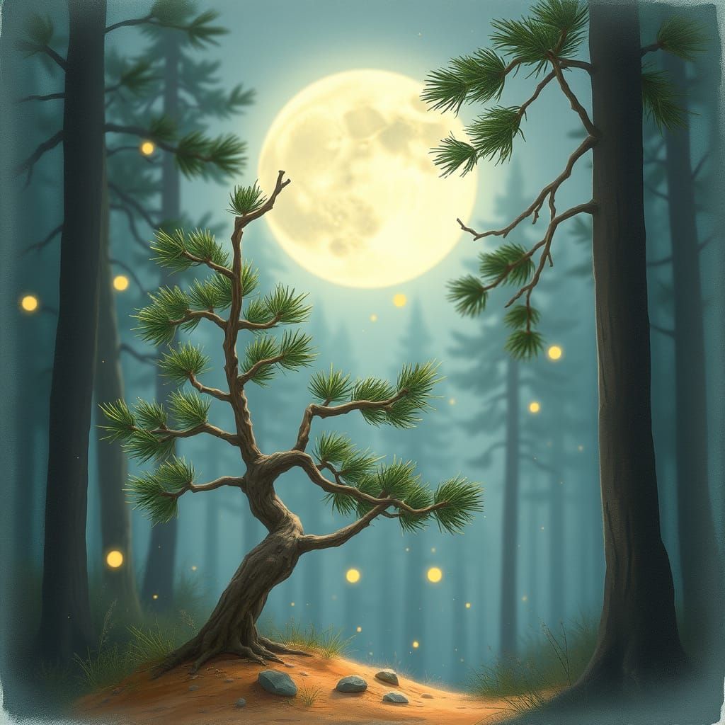 Moonlit Pine Tree in Watercolor Style