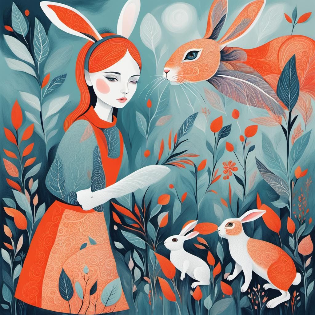 Girl Leads Rabbit: Abstract Art in Complementary Colors