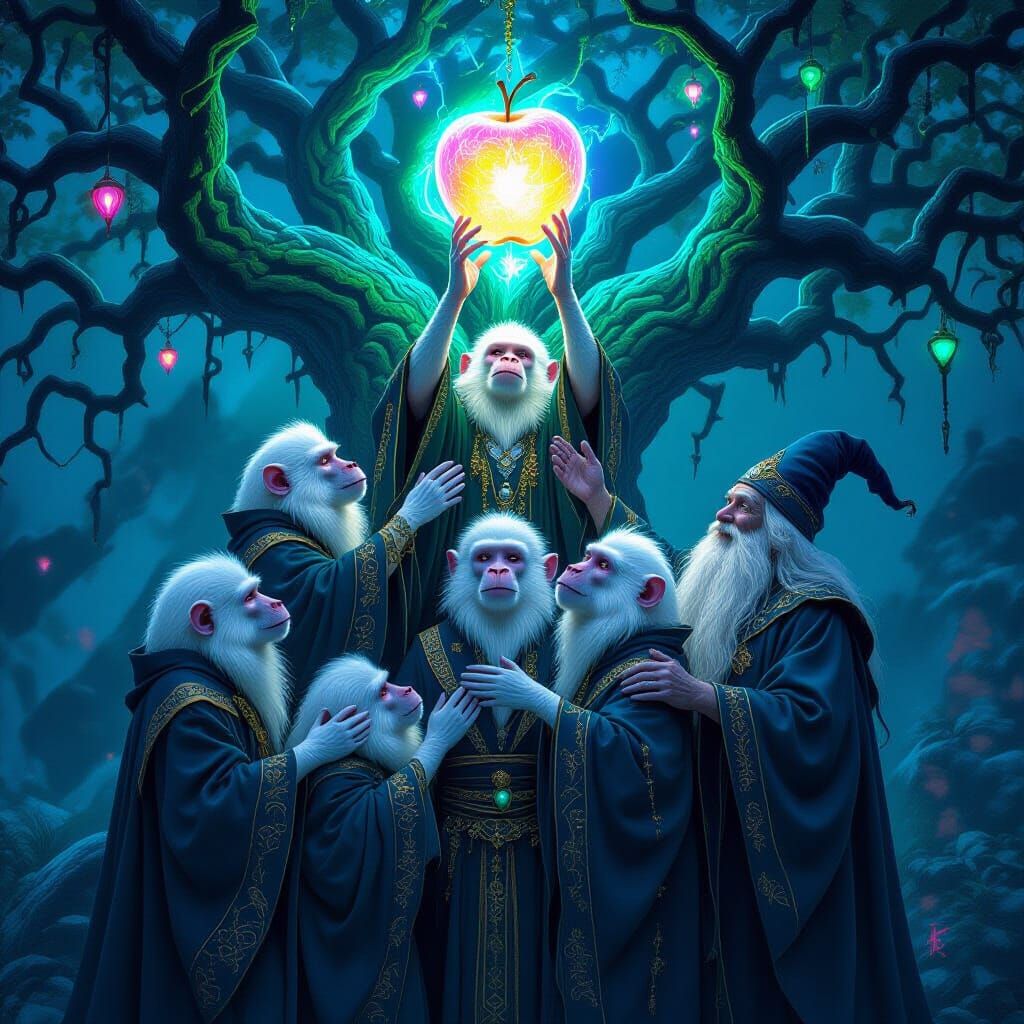 Baboon Pyramid Reaching for Iridescent Apple