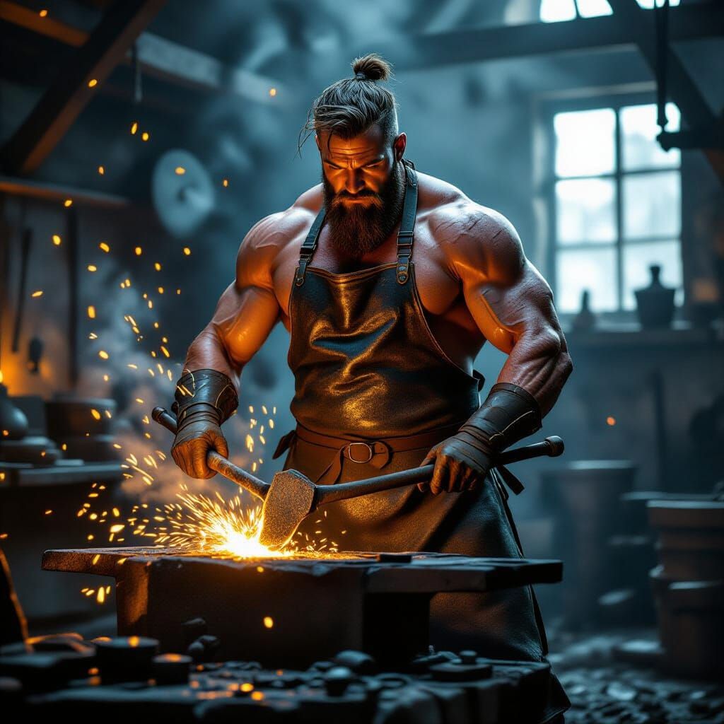 Hyperrealistic Blacksmith Forging Metal in Dramatic Lighting