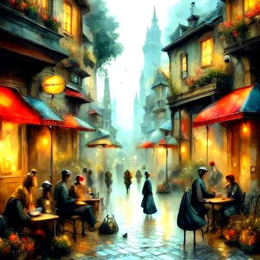 Vivid Cafe Scene in Illustrative Style