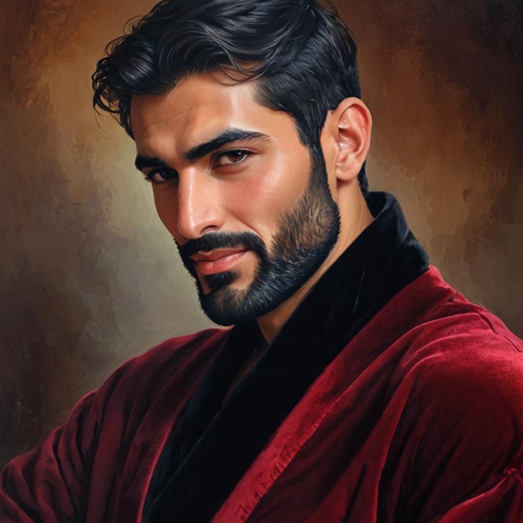 Handsome Man in Red Bathrobe: Gouache Watercolor Style