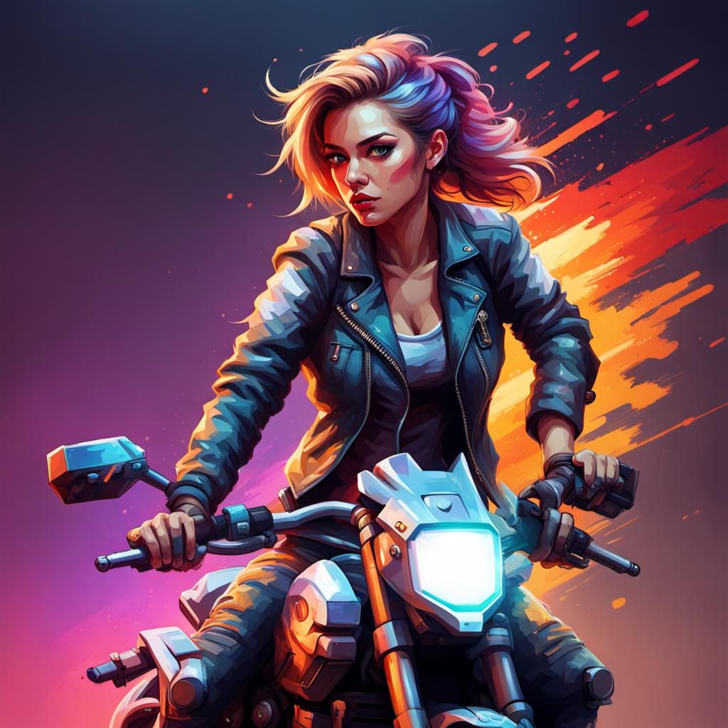 Pixelated Biker Chick in Hyperrealistic Splash Art