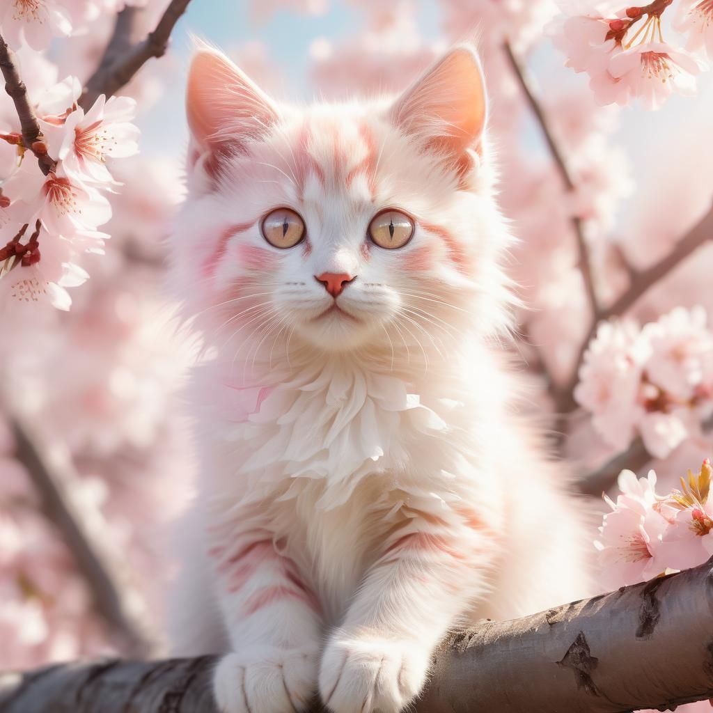 Anime Kitten in Cherry Blossom Tree Portrait