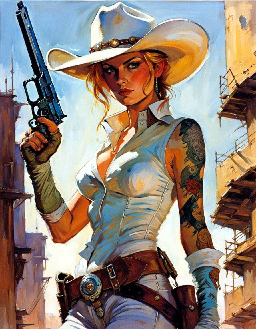 Futuristic Gunslinger Cowgirl in Dystopian Sci-Fi Style