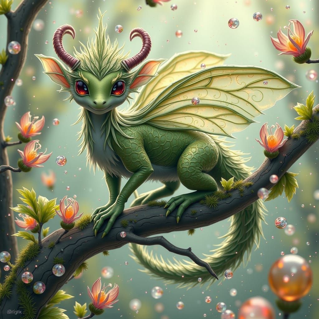 Mossy Dragon with Flowers and Runes