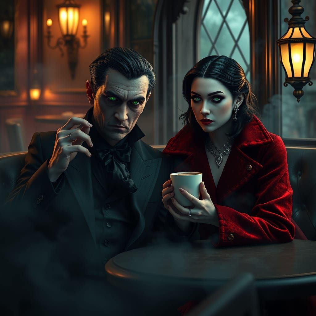 Elegant Vampire Couple Sips Coffee in Victorian-Era Cafe