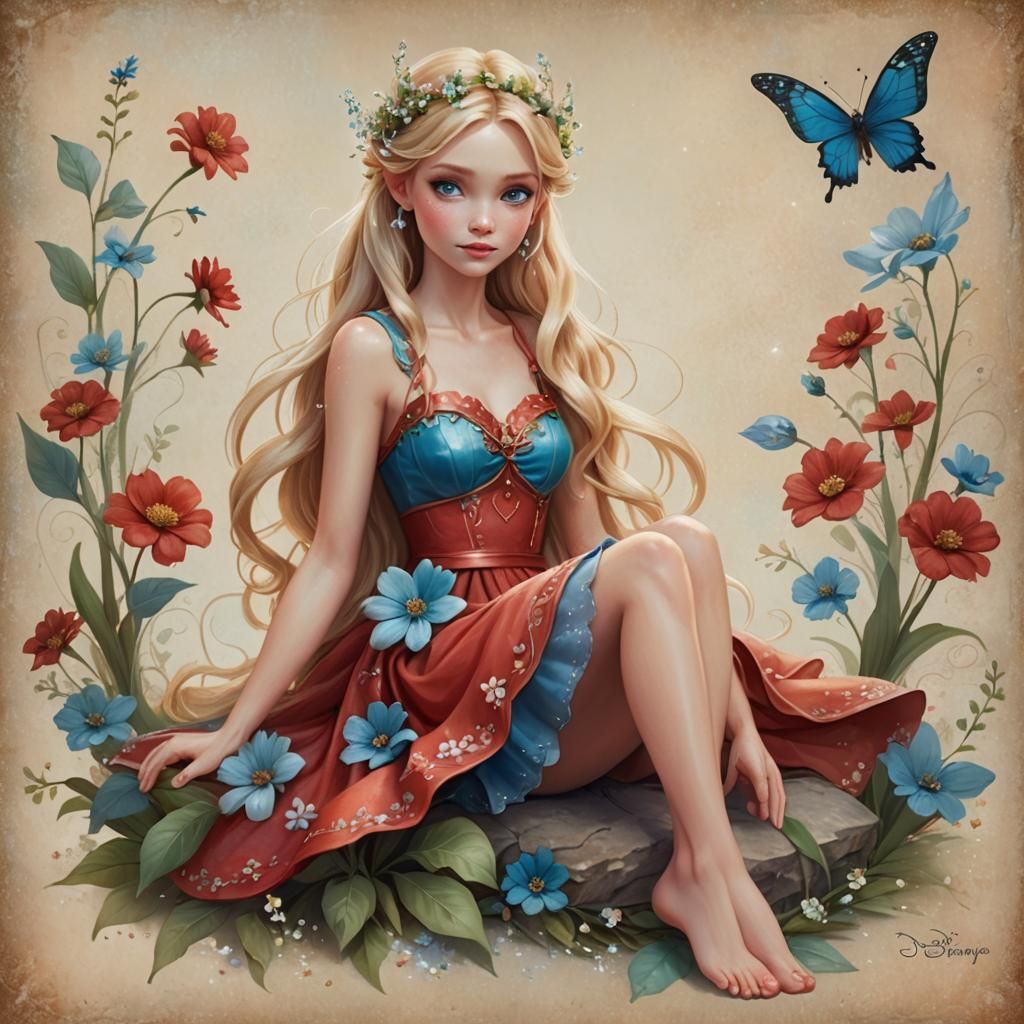 Disney-inspired 3D digital art. Medium shot. A blonde fairy ...