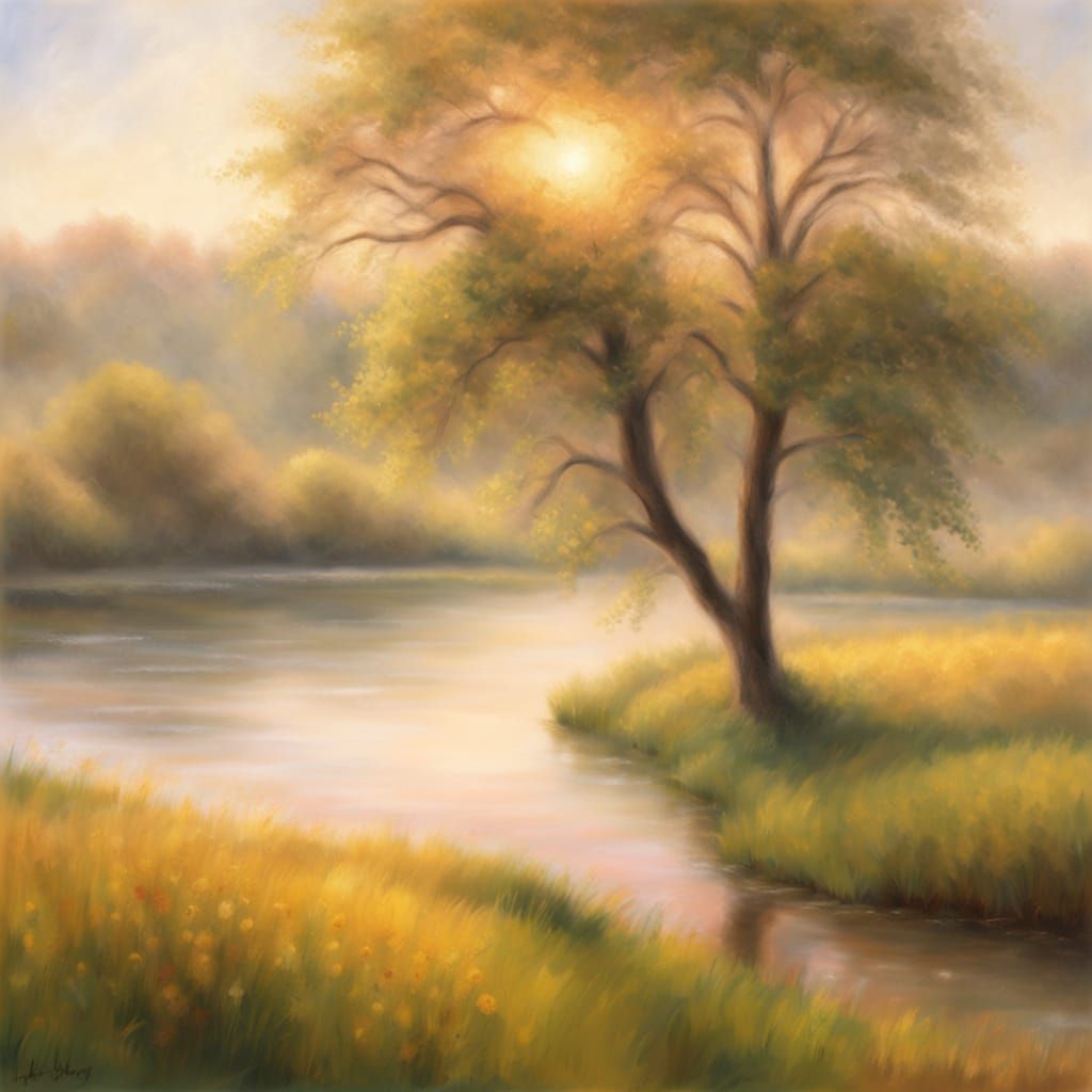 Warm Sunrise Landscape with Silhouetted Tree in Impressionis...