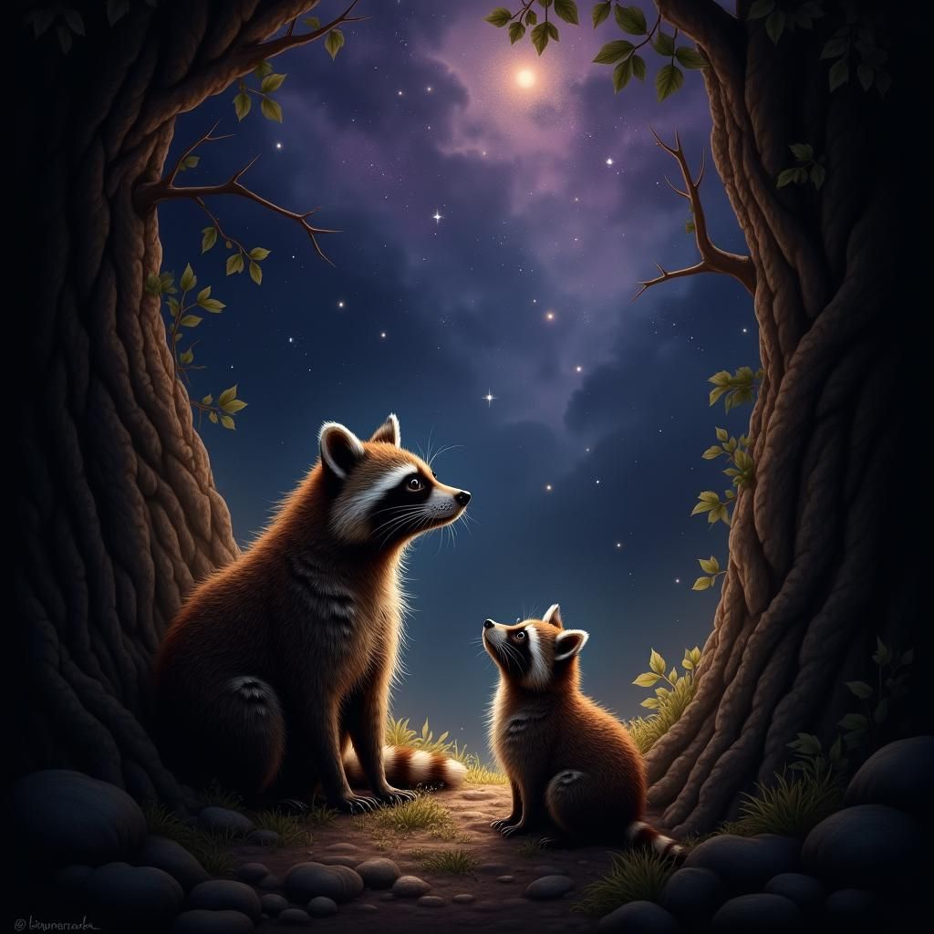 Raccoon Family Gazing at Cosmos: Oil Painting