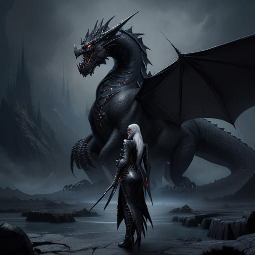Black Dragon and Silver Haired Rider in Fantasy Art