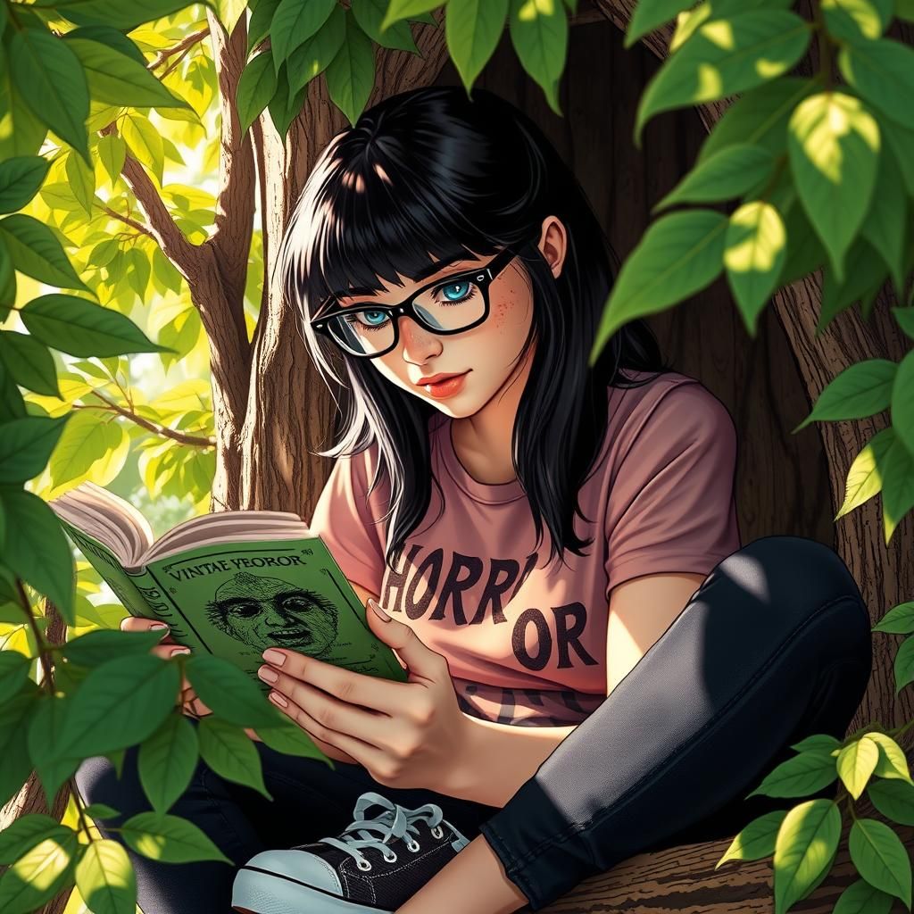 Woman Reading in Treehouse, Comic Book Art Style