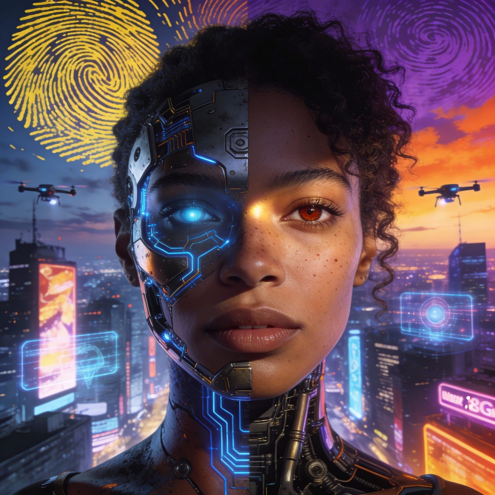 African Woman Cyborg Portrait in Fingerprint Sky