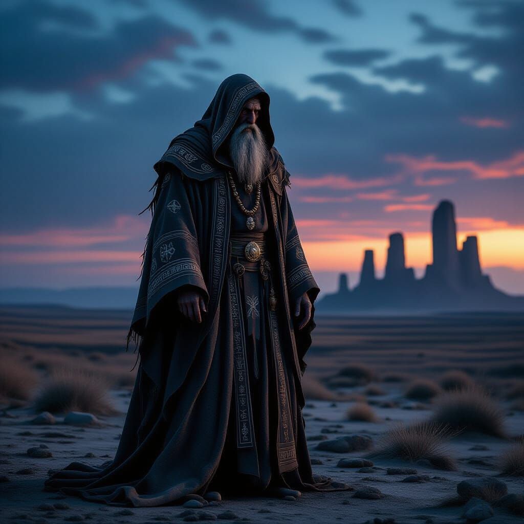 Ancient Wiseman on Windswept Plain Under Twilight Sky
