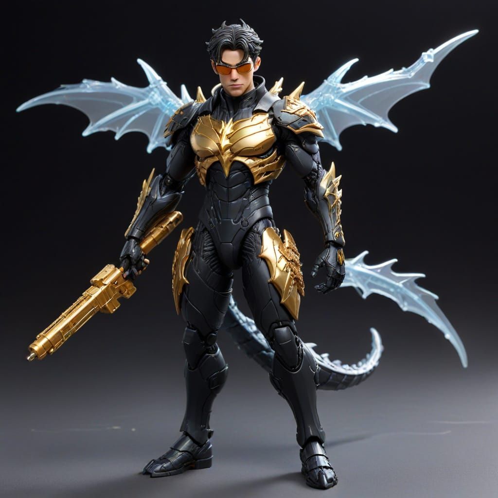 3D action figure of a stylish secret agent with sleek black medium-length hair and golden eyes and wings