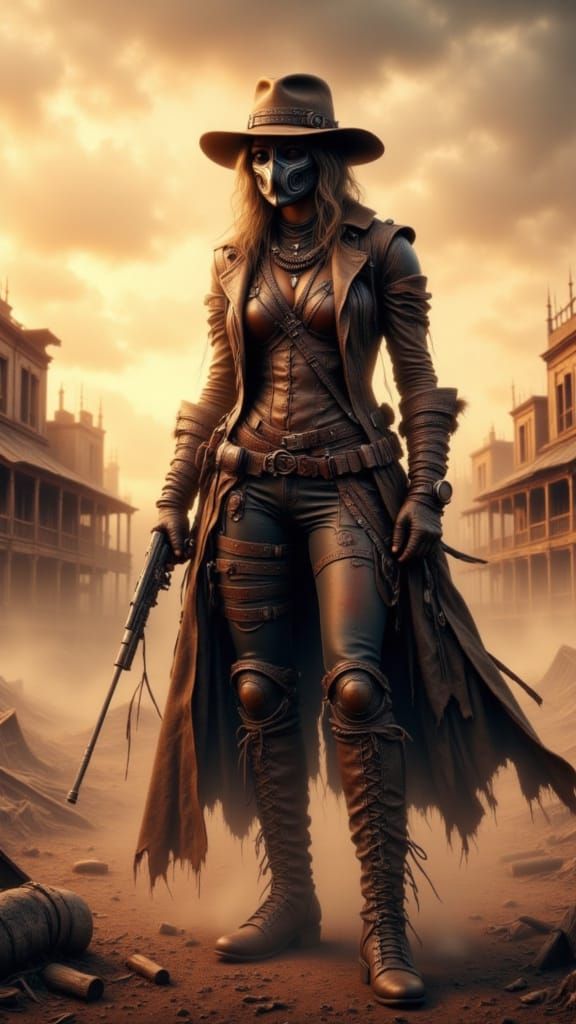 Masked Gunslinger Emerges at Sunset in Dusty Frontier Town