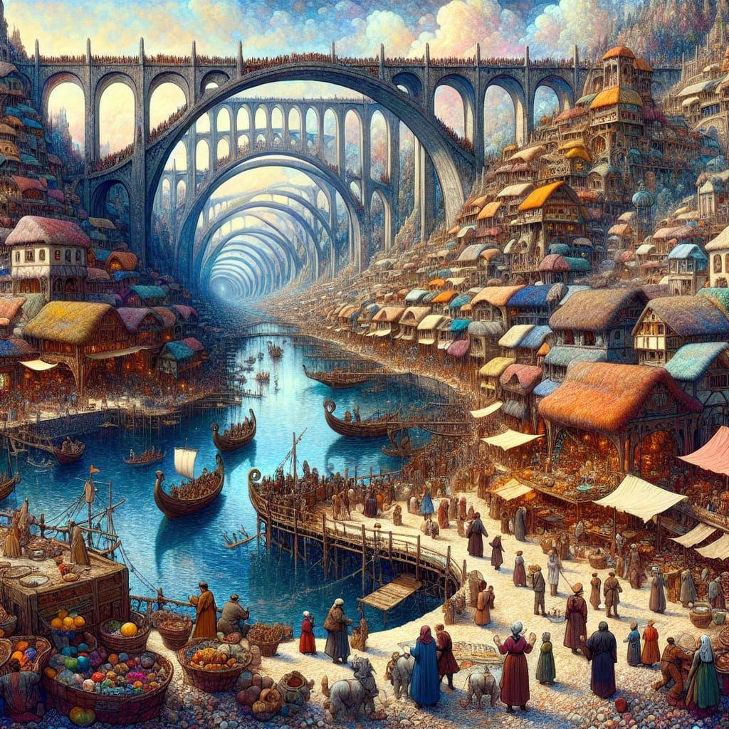 Bustling Bridge Town: Anime-Inspired Fantasy