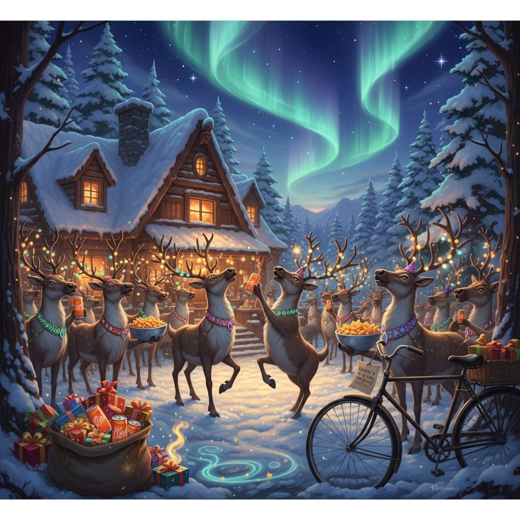 The Raindeer are all at the Raindeer retreat. Santa took a bicycle out to deliver Christmas. The Raindeer are all drinki...